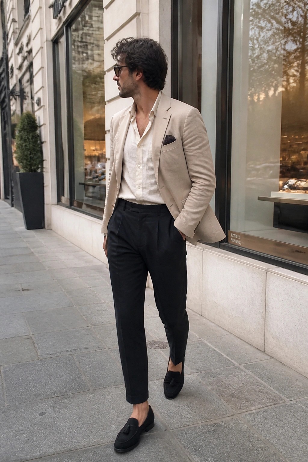 Man in beige blazer, white shirt, and black trousers on city sidewalk