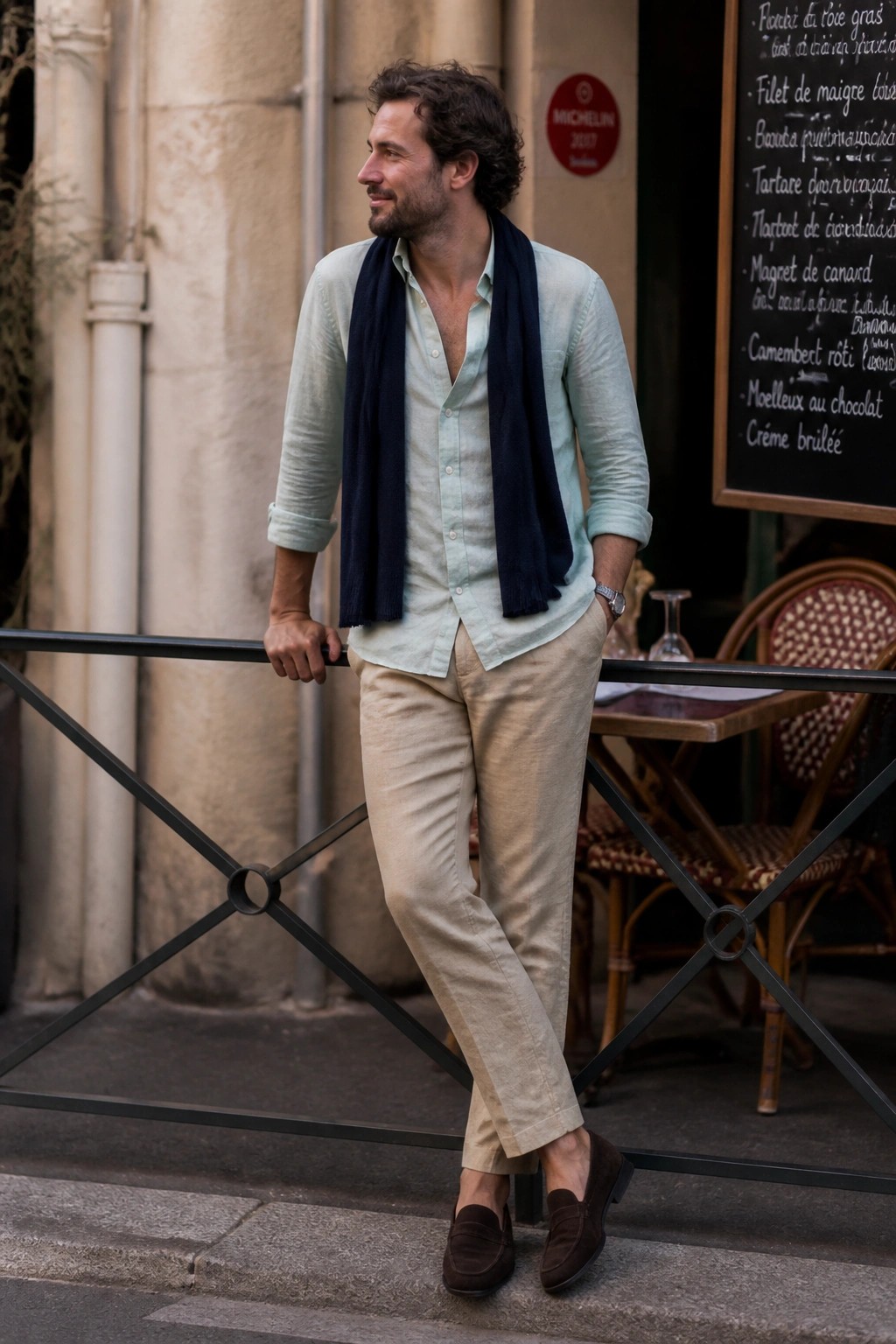 Curly-haired man in mint shirt and navy scarf leaning on cafe railing