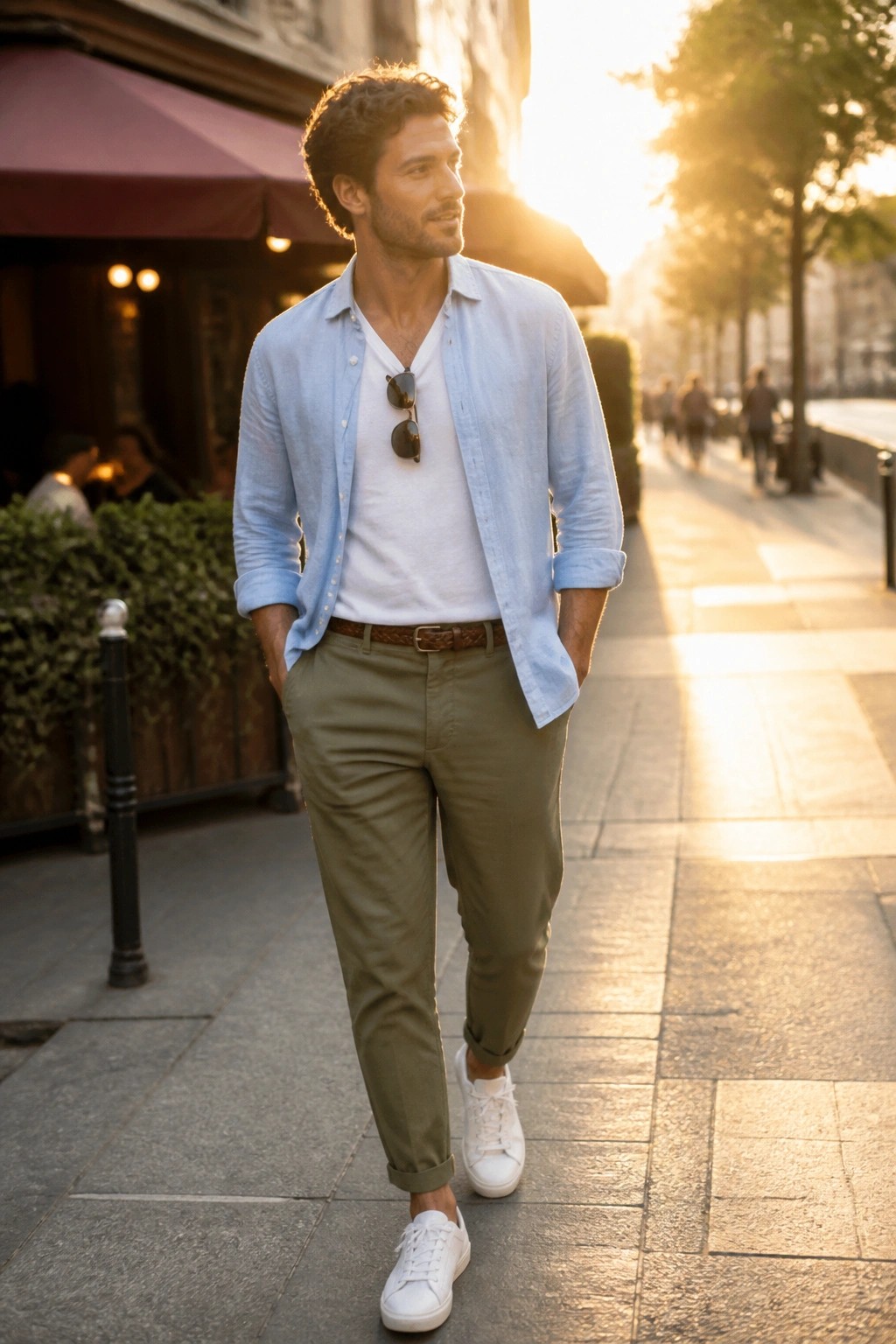 Man in light blue shirt and olive pants strolling on sunlit city sidewalk.