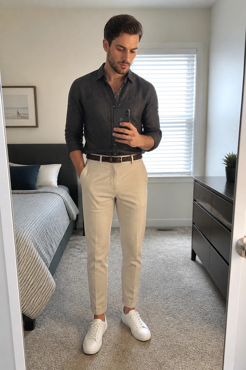 Man wearing a dark gray button-up shirt tucked into beige chinos with a braided brown belt and white sneakers while holding a phone in a bedroom setting.