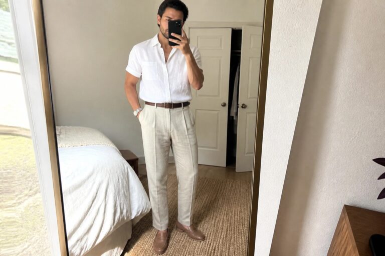 Man wearing a white short sleeve linen button up shirt tucked into cream linen trousers with a brown leather belt and matching loafers while holding a phone for a mirror selfie in a bedroom setting