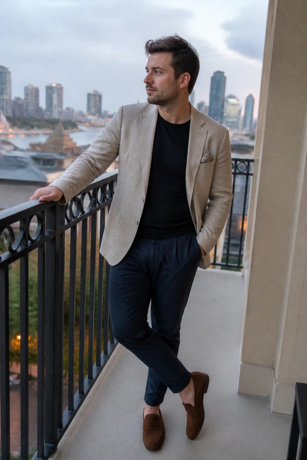 Man in beige blazer, black tee, and navy pants on city balcony at dusk.