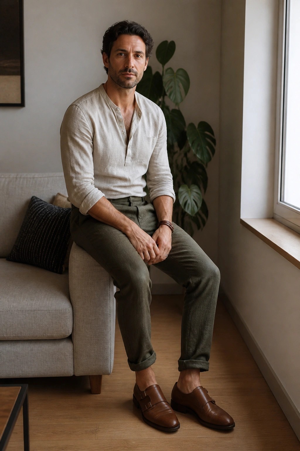 Man seated indoors wearing cream linen henley shirt, olive green cuffed trousers, and brown double monk strap leather shoes with a brown leather bracelet on one wrist.