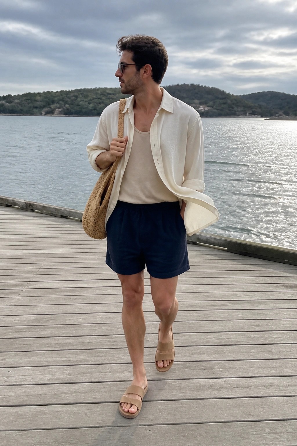 Man in open white shirt and navy shorts with woven bag on waterfront dock