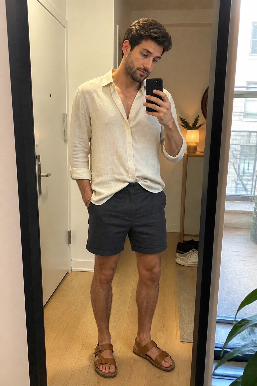 Man in white shirt and dark shorts takes mirror selfie with phone