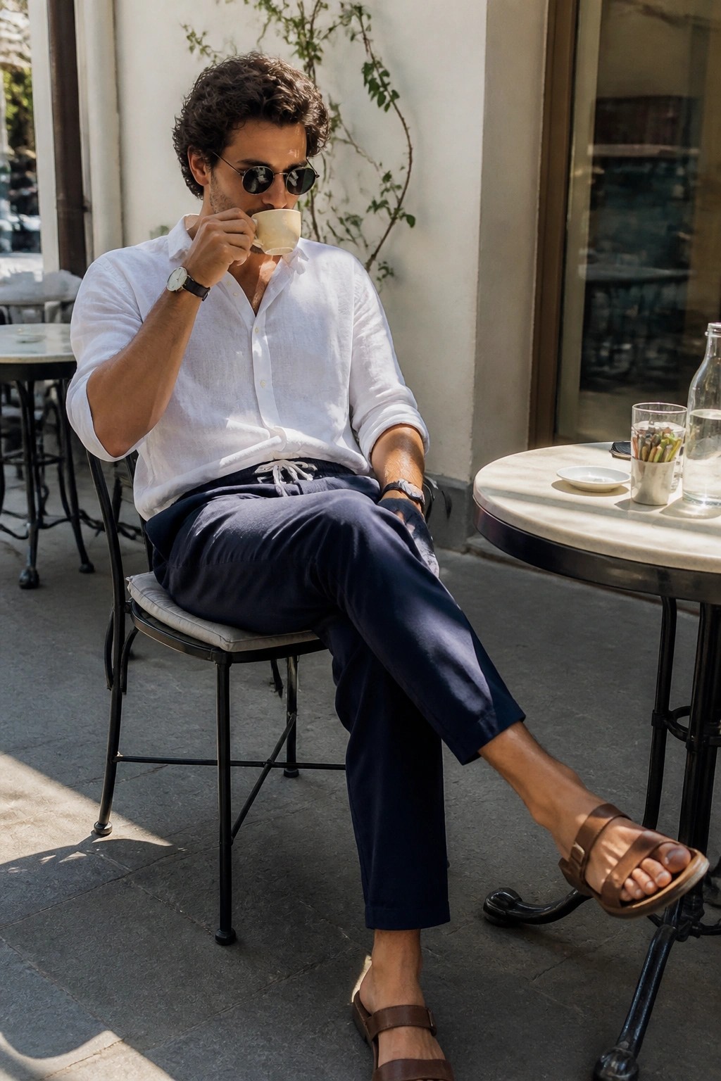 Man in white shirt and navy pants sipping coffee at sunny outdoor cafe table