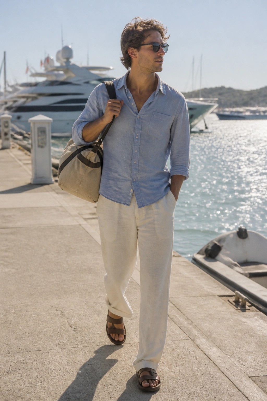Man in light blue shirt and white pants carrying bag on sunny marina dock