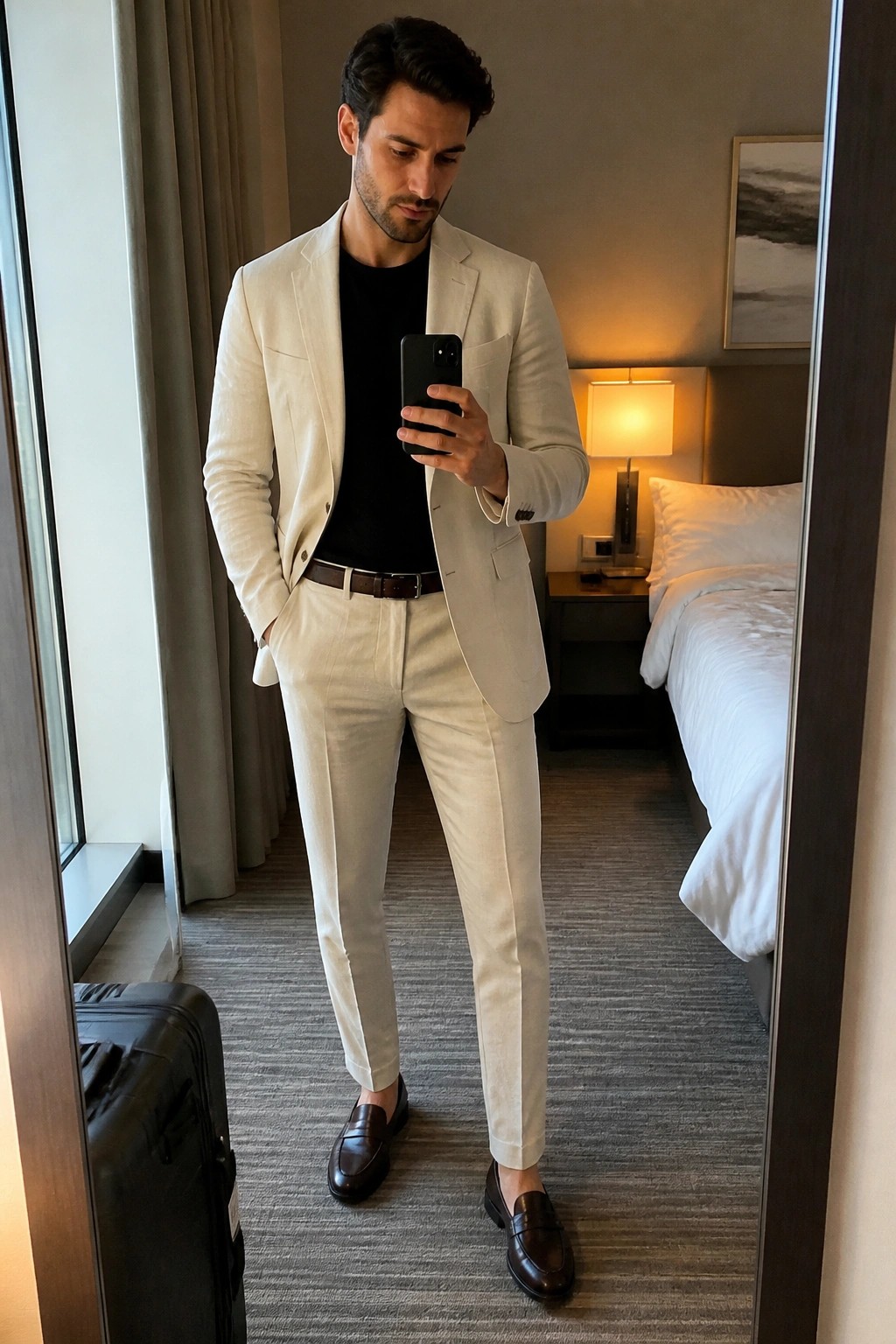 Man in cream suit taking mirror selfie in hotel room with black suitcase