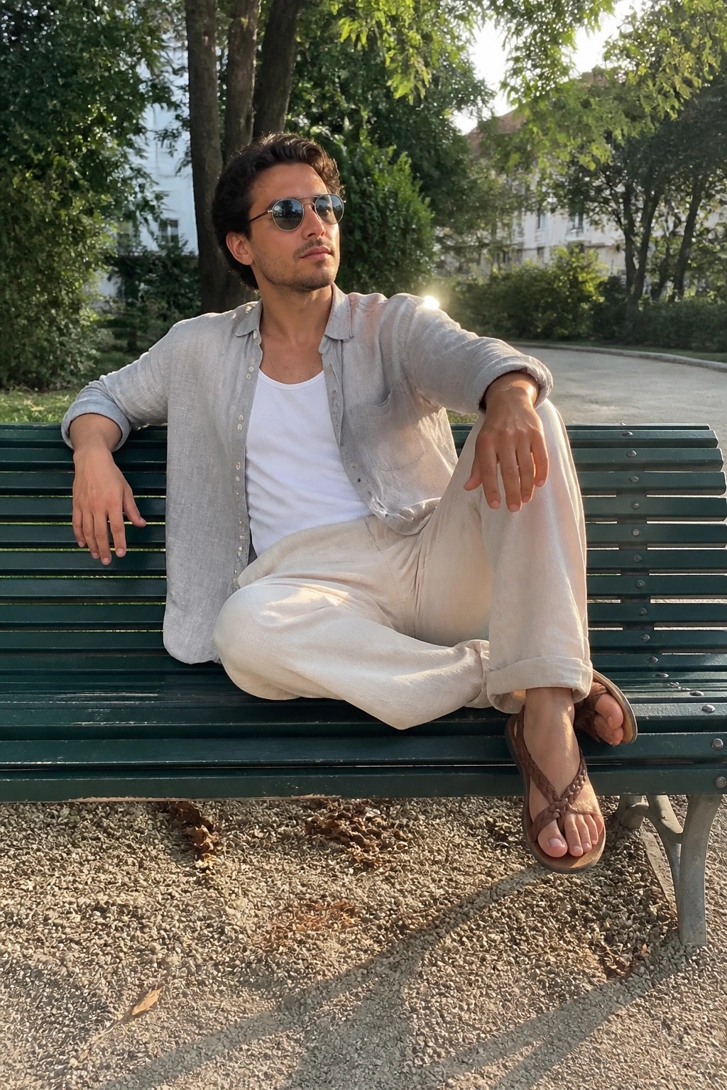 Man in sunglasses and light linen outfit relaxing on green park bench in sunlight