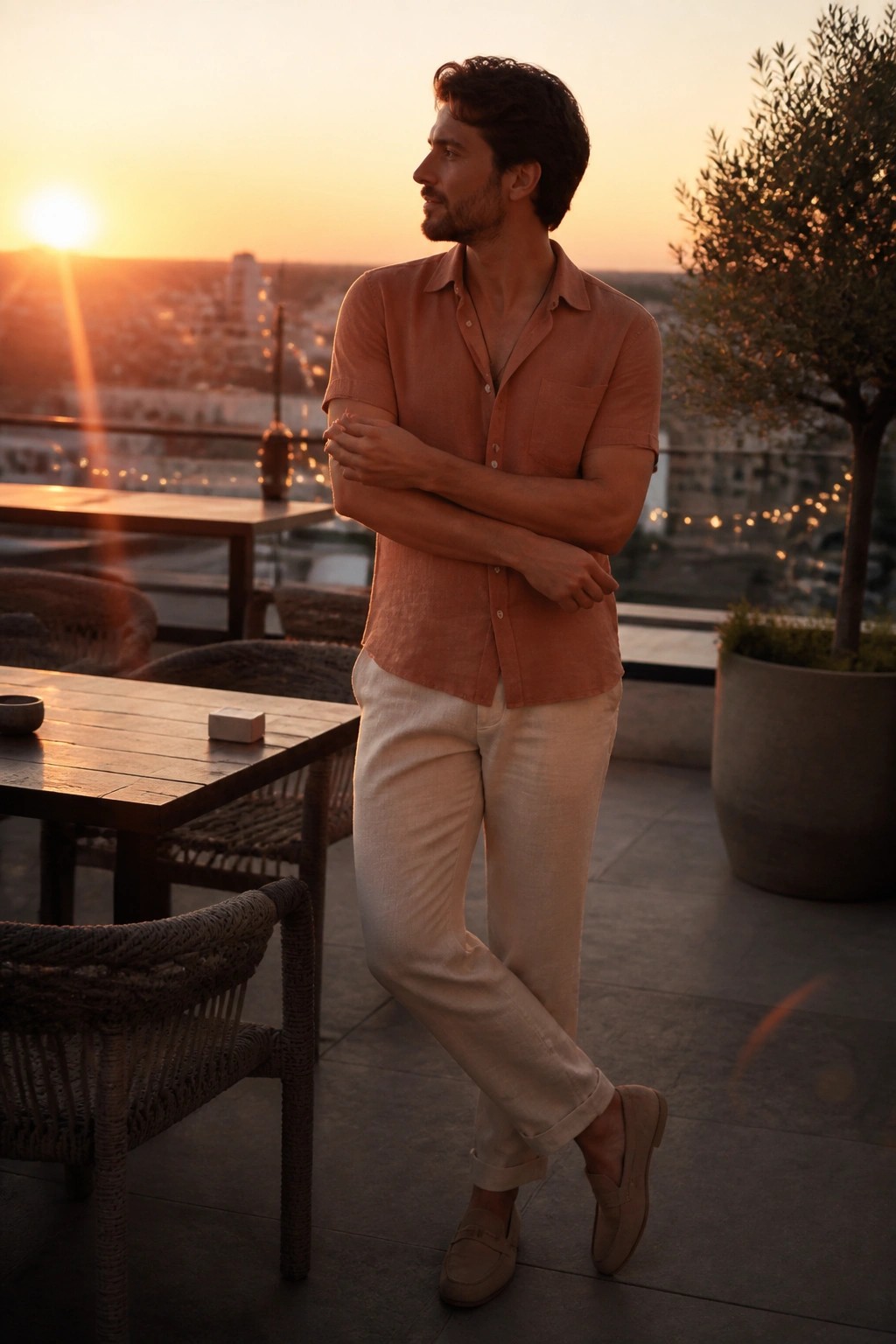 Man in terracotta shirt and beige pants on sunset rooftop terrace