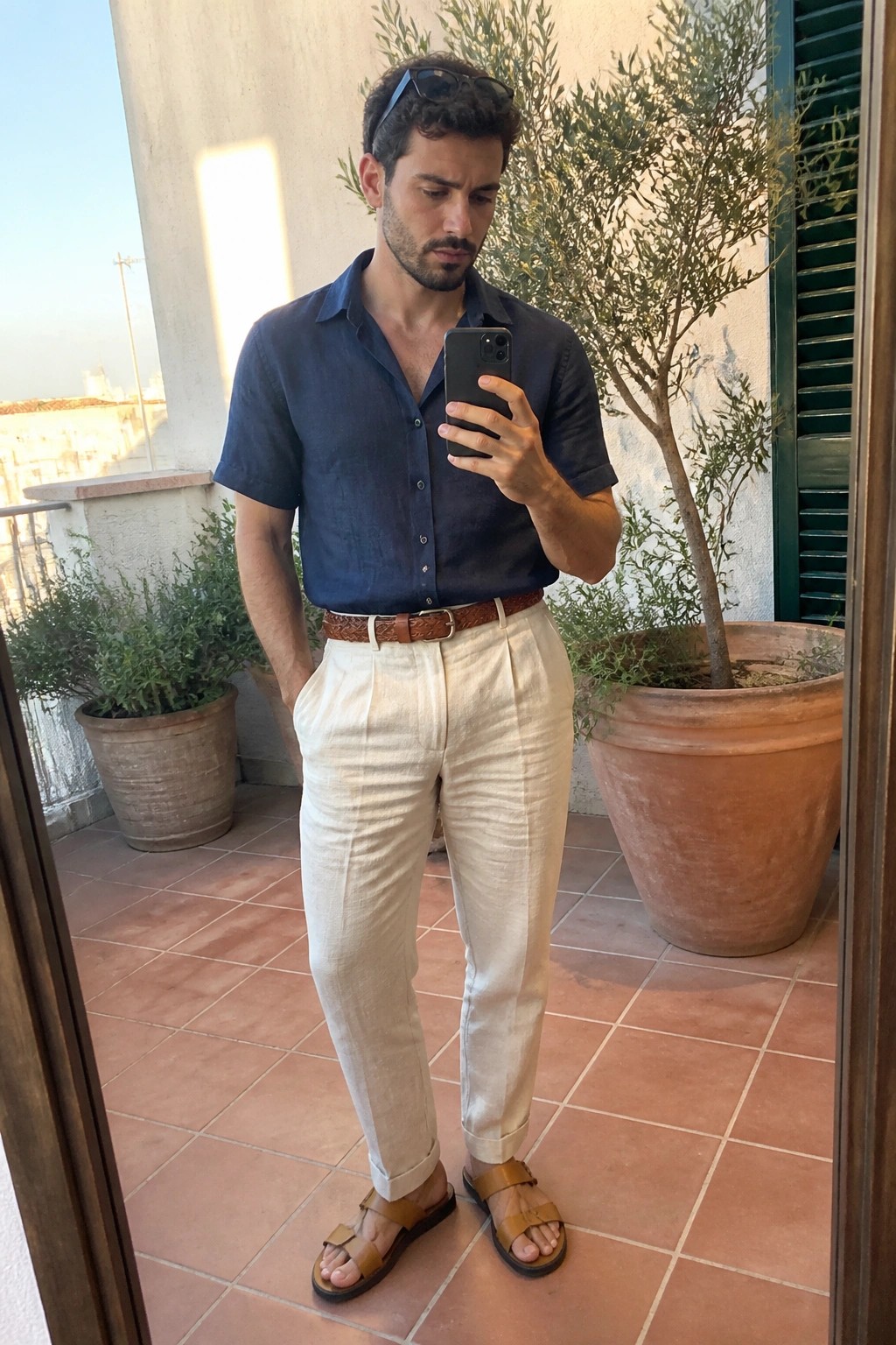 Man in navy shirt and beige pants taking mirror selfie on sunny balcony with plants.