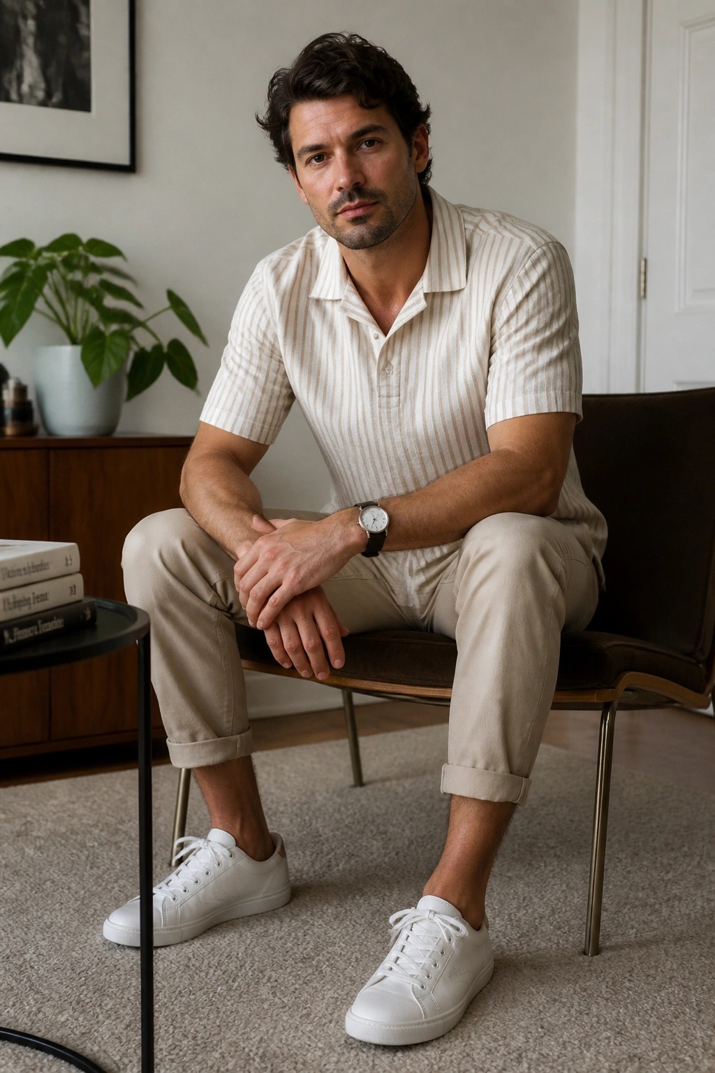 Man in striped polo shirt and beige pants seated on brown chair indoors