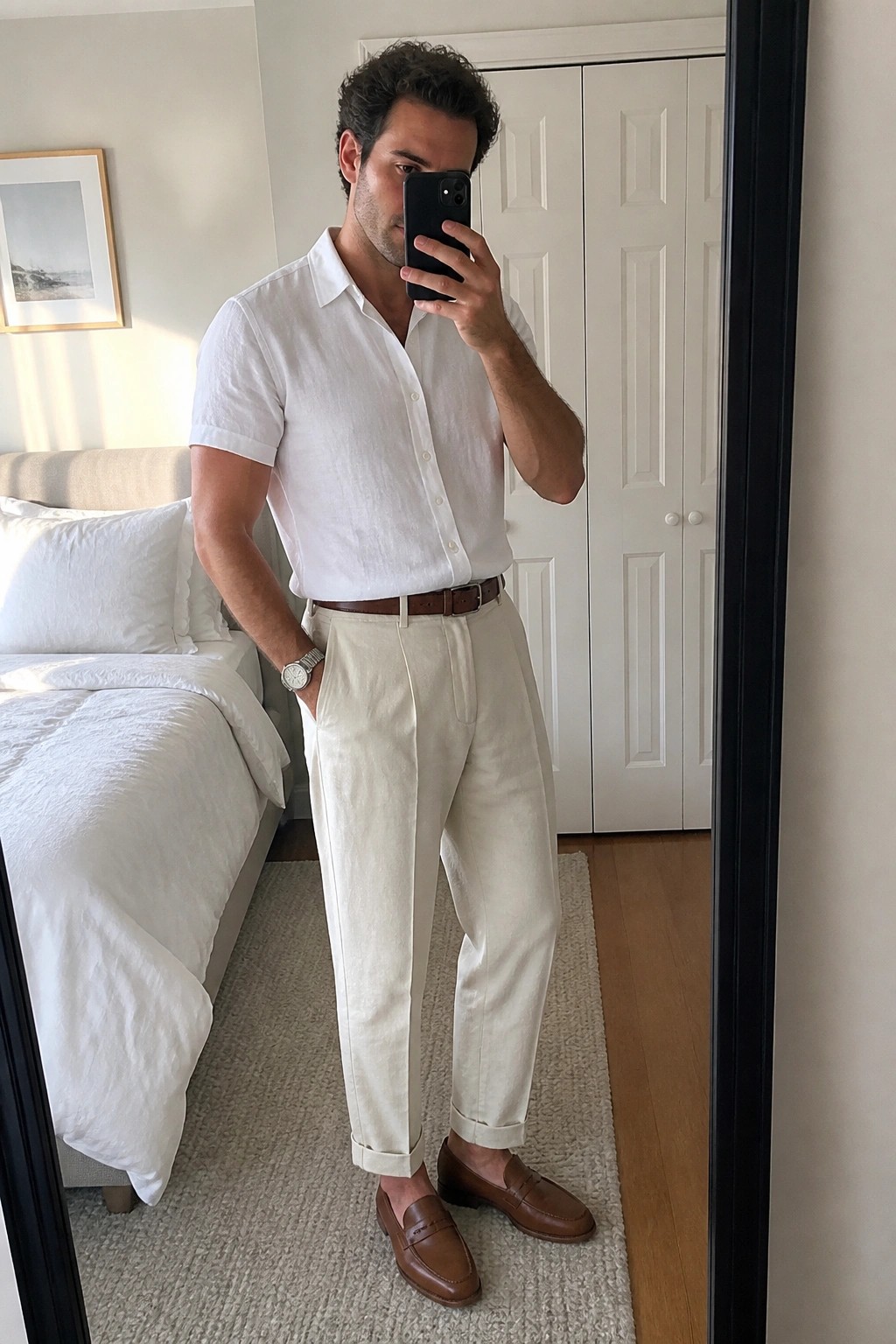 Man wearing a white short sleeve linen button up shirt tucked into cream linen trousers with a brown leather belt and matching loafers while holding a phone for a mirror selfie in a bedroom setting