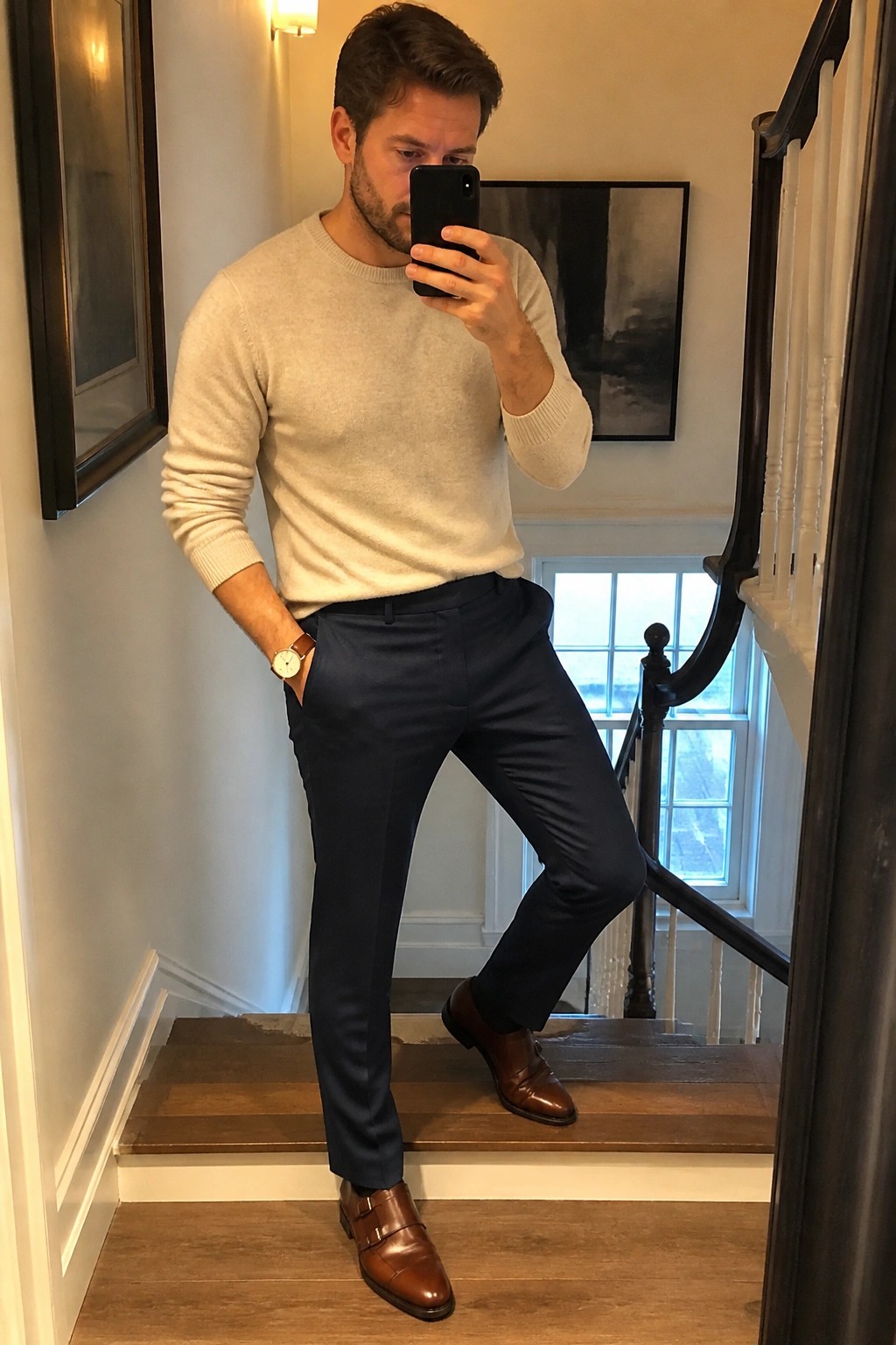 Man in cream sweater and navy pants taking phone selfie on staircase