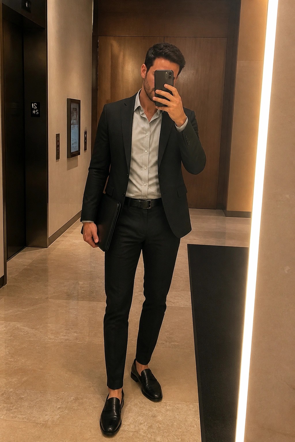 Man in black suit takes mirror selfie holding phone and portfolio in hallway