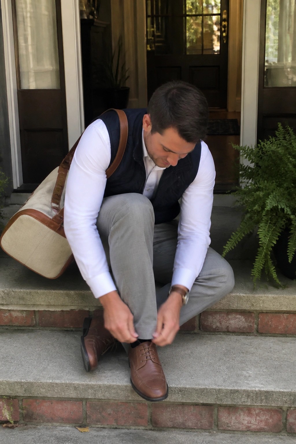 Man in navy vest tying brown shoes on steps with duffel bag over shoulder