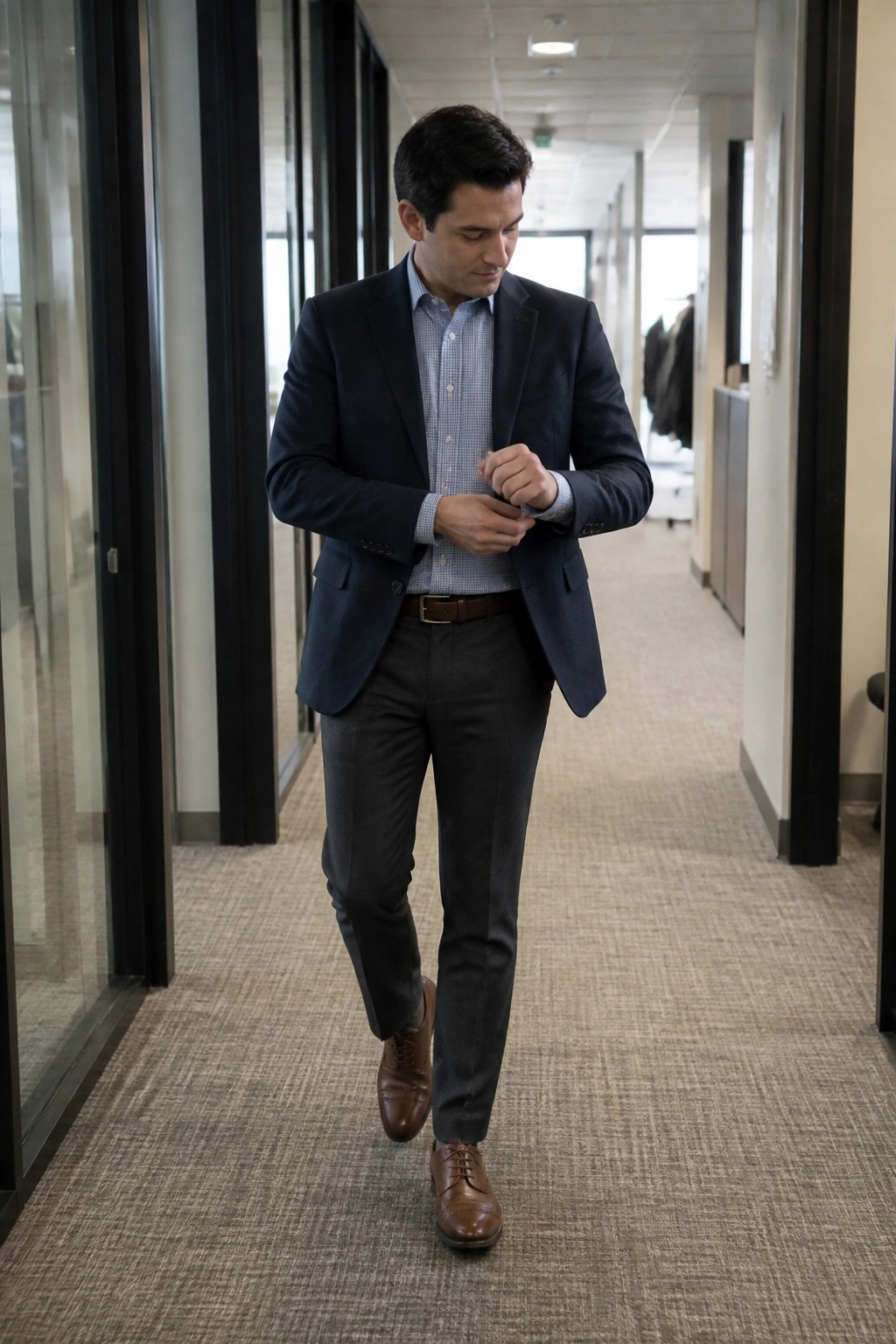Businessman in navy blazer and checkered shirt adjusting cuff in hallway