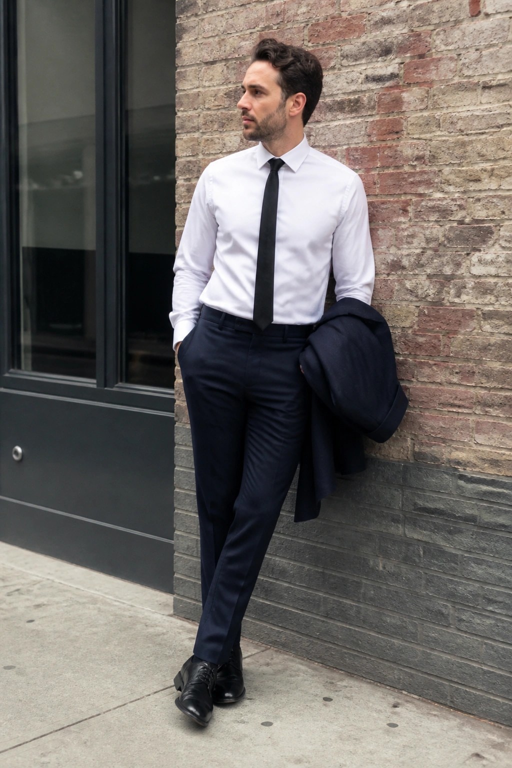 Man in white shirt and black tie leans against brick wall holding navy jacket