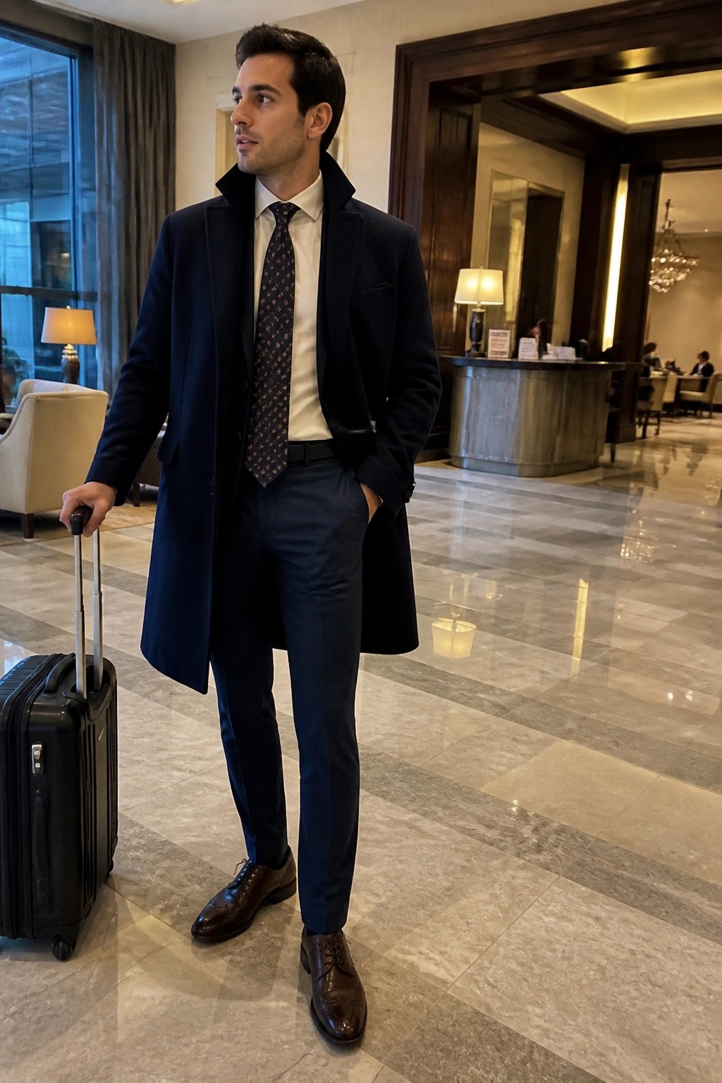 Man in navy overcoat and tie holding black suitcase in marble hotel lobby