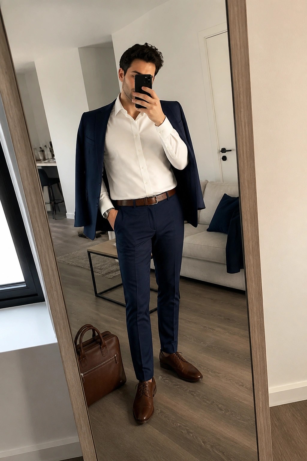 Man in navy suit with white shirt taking mirror selfie holding phone