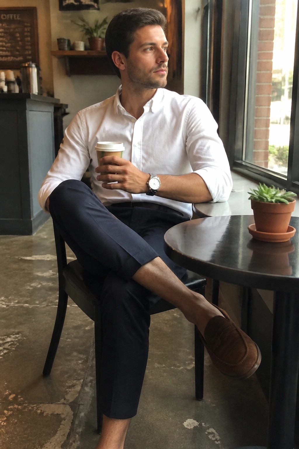 Man in white shirt and navy pants holds coffee in cafe setting
