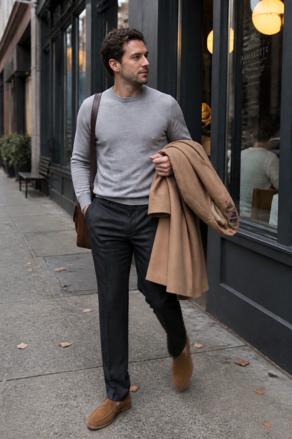 Man in gray sweater holding tan coat on urban sidewalk
