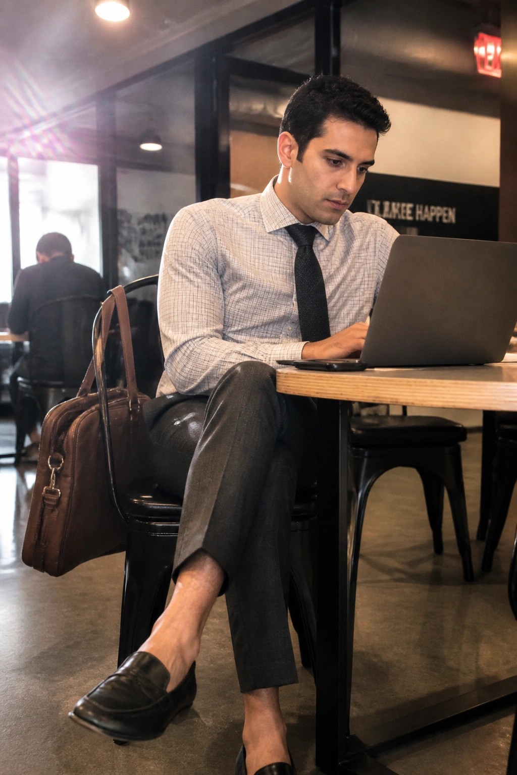 Man in checkered shirt and tie works on laptop beside brown leather bag