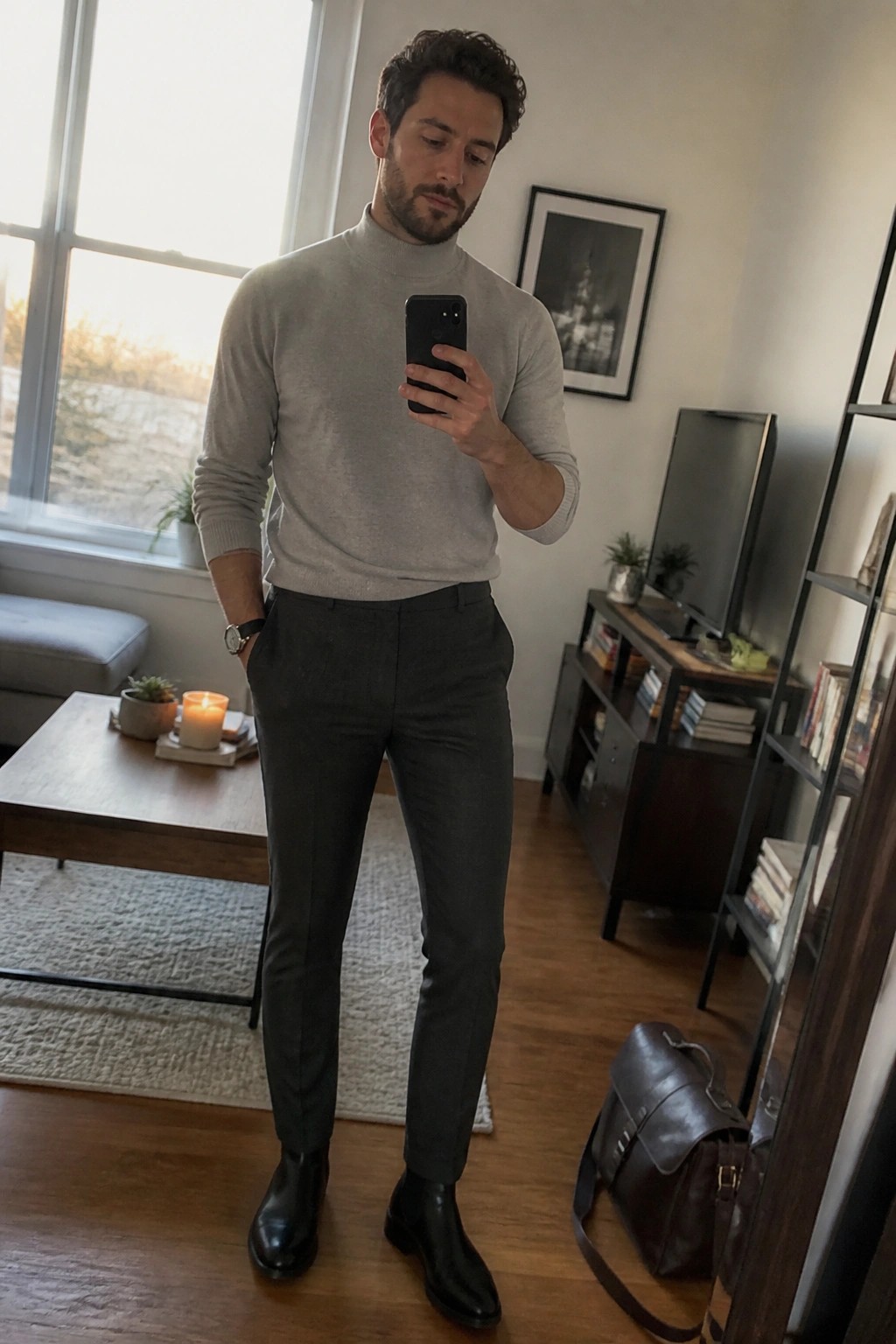 Man in light gray turtleneck sweater, dark gray tailored dress pants, and black Chelsea boots holding a smartphone in a living room setting.