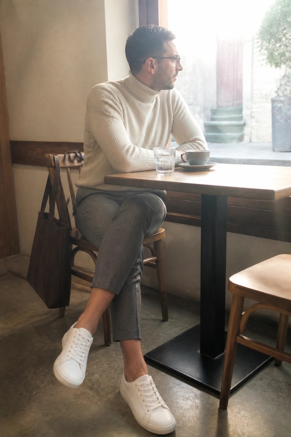 Man seated at wooden table wearing cream ribbed turtleneck sweater, cropped gray trousers, white lace-up sneakers, and brown leather tote bag resting on chair back.