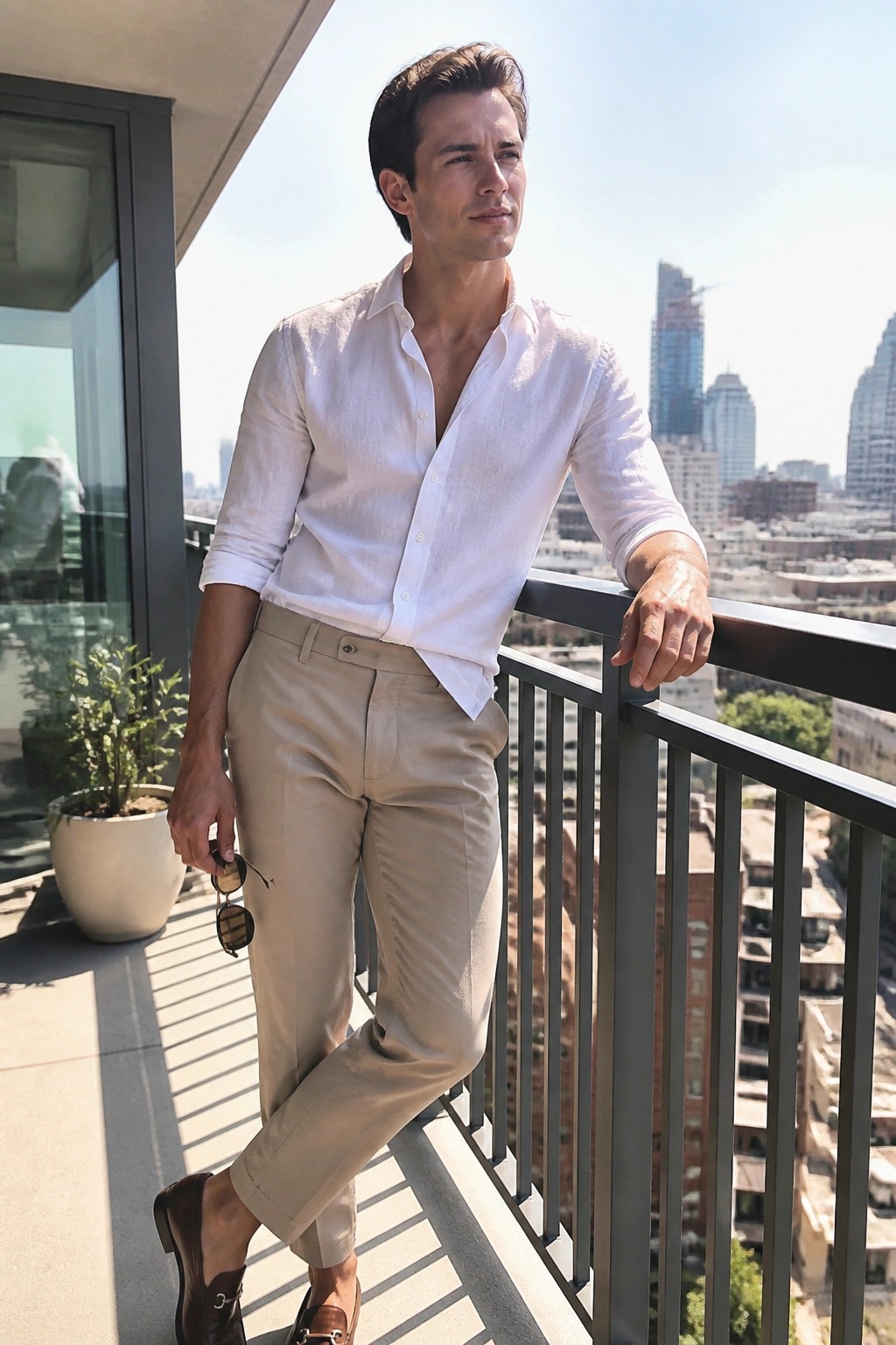 Man wearing a white button-up shirt tucked into tailored khaki pants with brown loafers and holding sunglasses on a balcony.