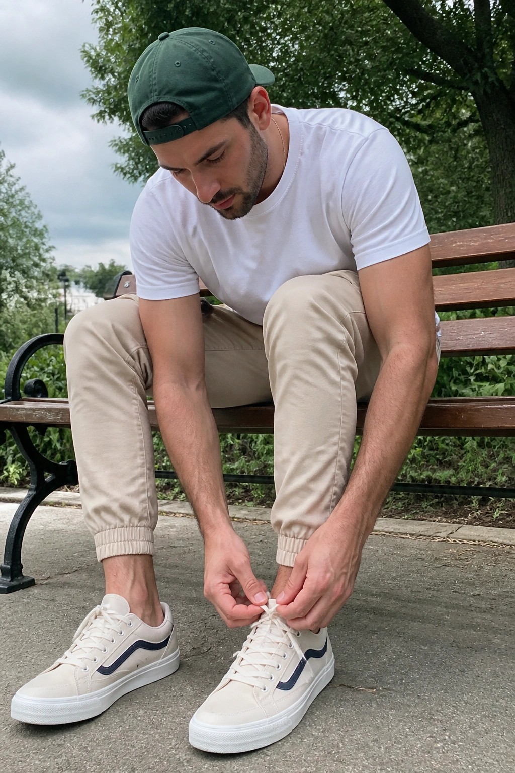 Man in backward green cap tying white sneakers on park bench