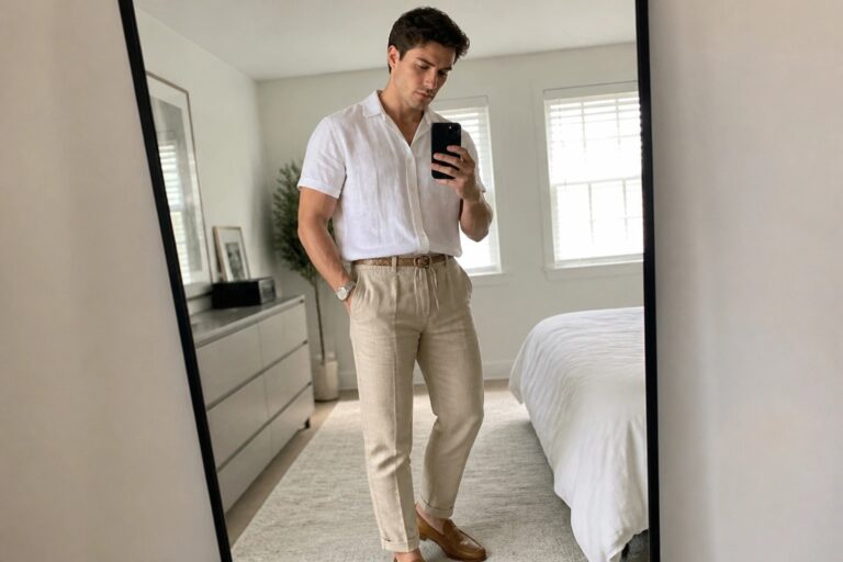 Man in white shirt and beige pants taking bedroom mirror selfie with phone.