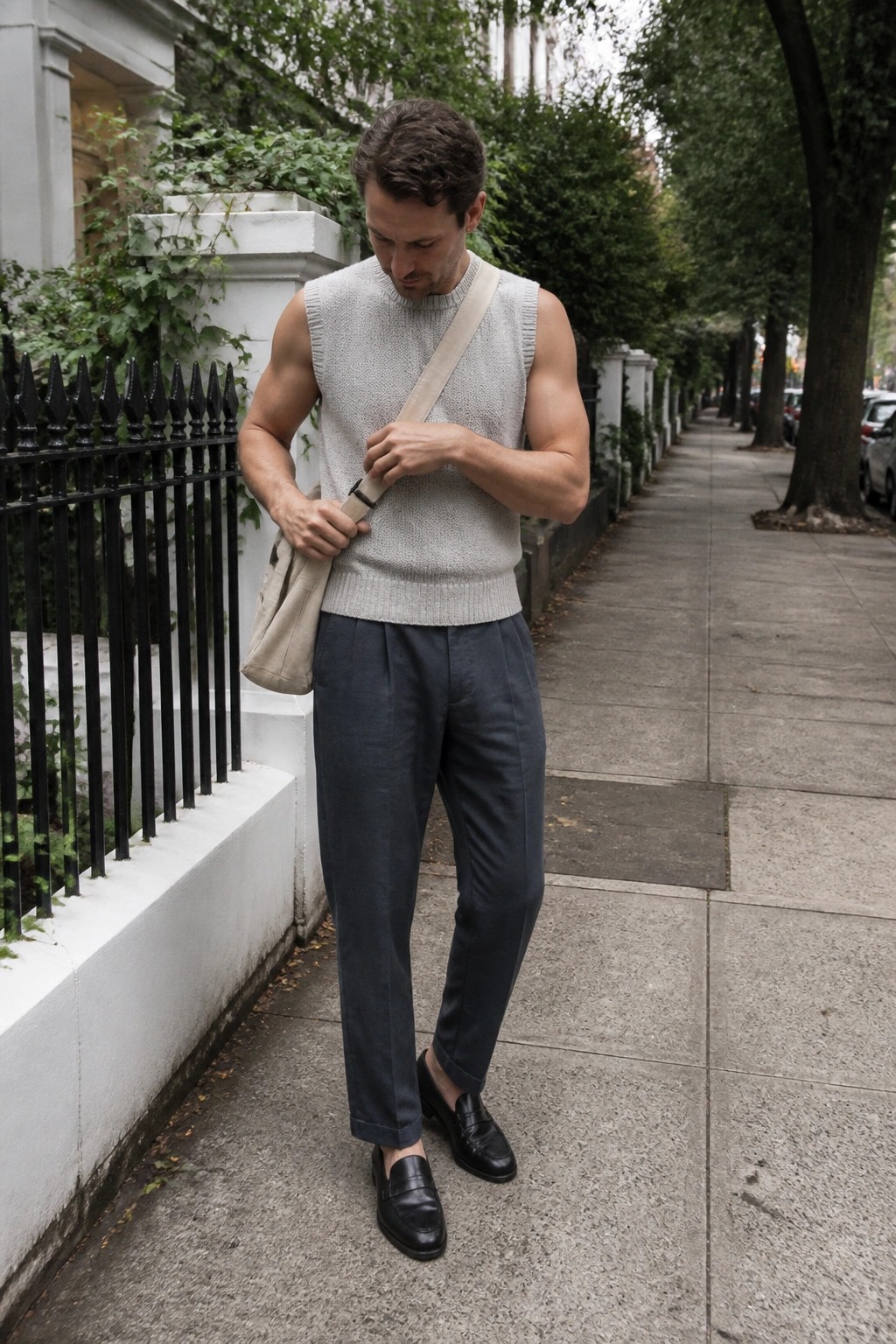 Man wearing dark linen pants with light gray sleeveless knit sweater vest, black loafers, and beige crossbody bag on city sidewalk.