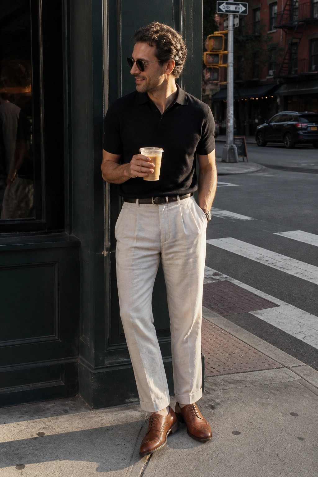 Man in black polo and beige trousers holding iced coffee on city street
