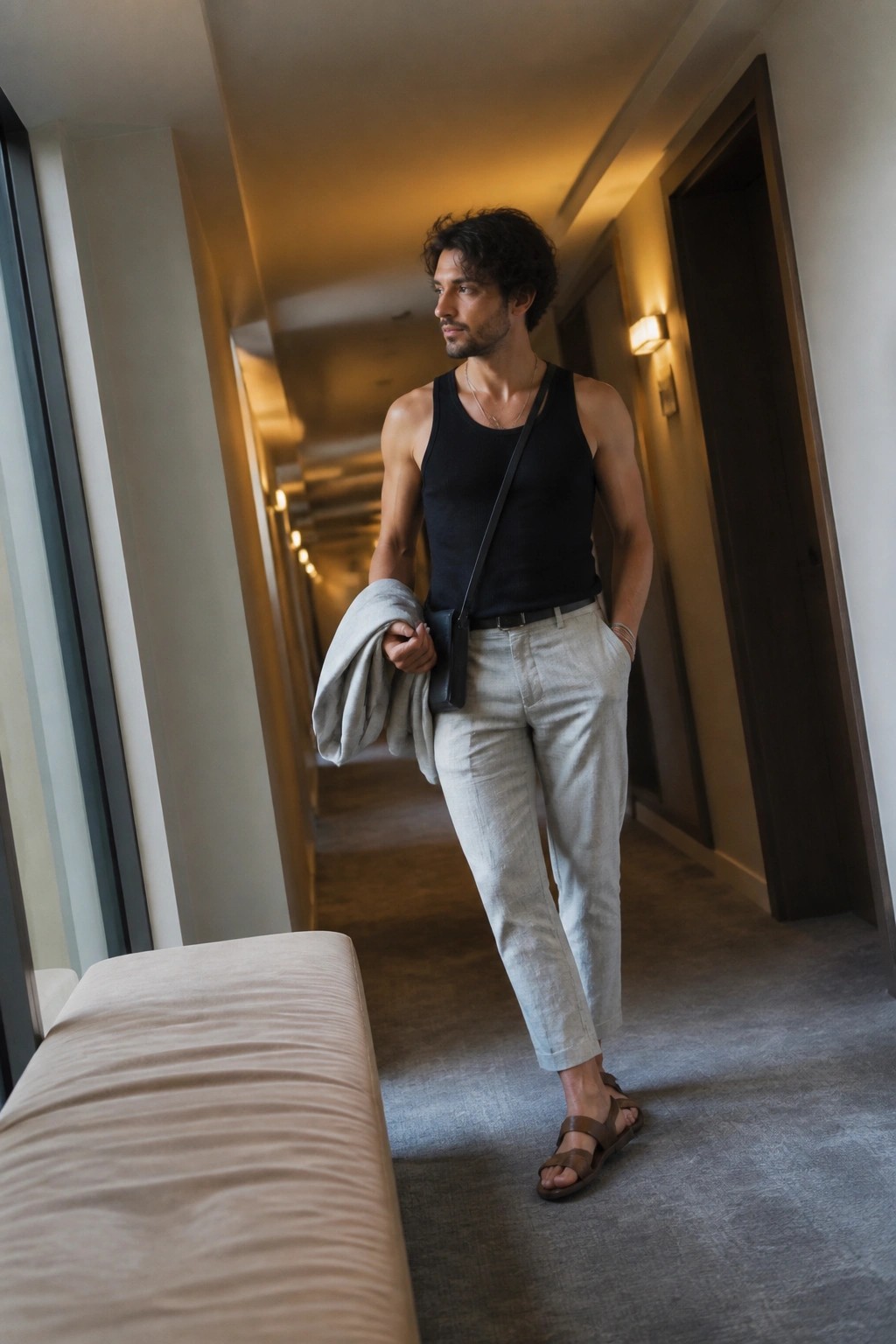 Man in black tank top and beige pants holding gray jacket in hallway