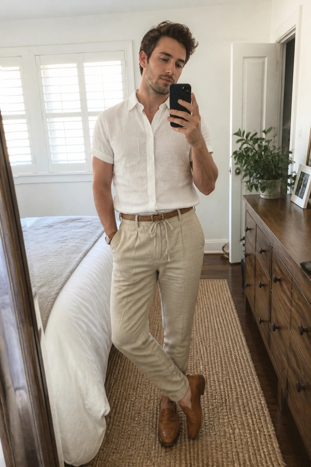 Man in white shirt and beige pants taking bedroom mirror selfie with phone.