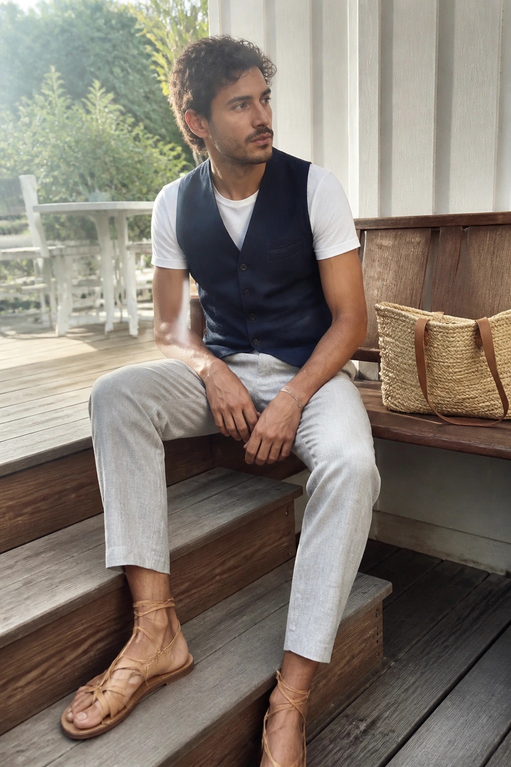 Man in navy vest over white t-shirt sits on wooden steps beside woven bag