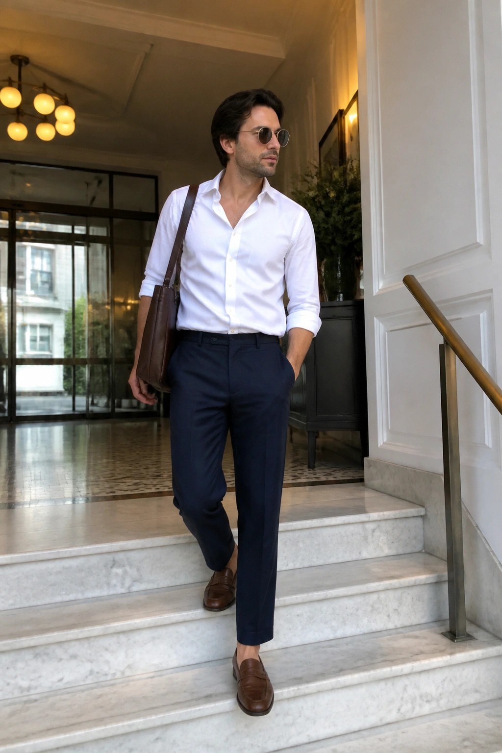 Man wearing white button down shirt with rolled sleeves tucked into navy pants, brown leather loafers, brown tote bag, and round sunglasses standing on marble steps.
