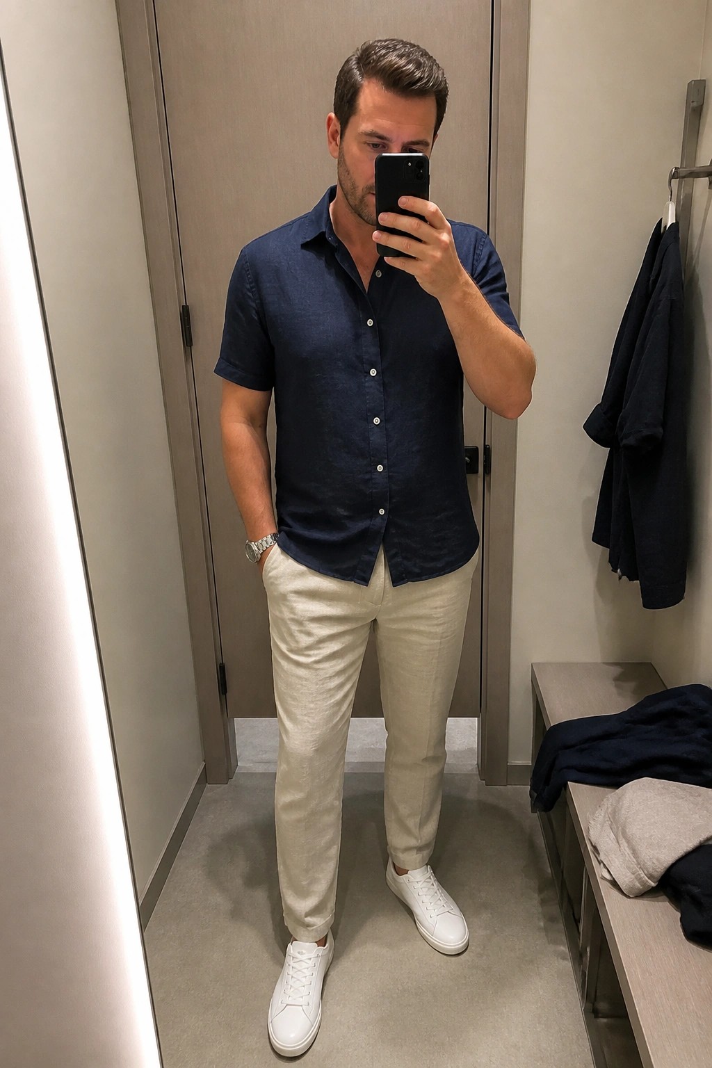 Man in mirror selfie wearing navy short-sleeve button-up shirt tucked into beige linen pants with white sneakers and a silver watch.