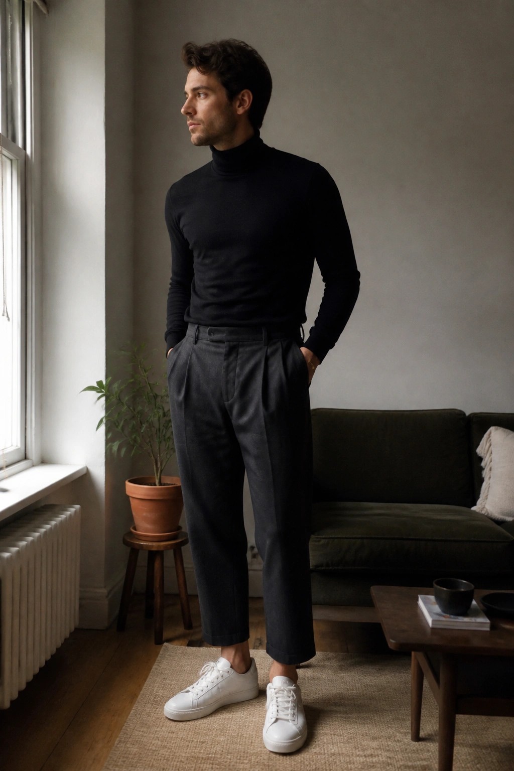 Man in black turtleneck, gray trousers, white sneakers standing in minimalist living room