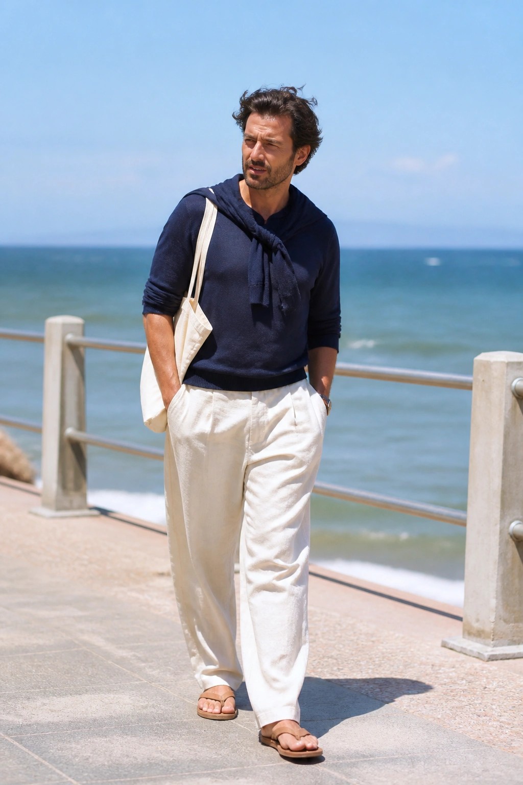 Man in navy hoodie and white pants with tote bag by the sea.