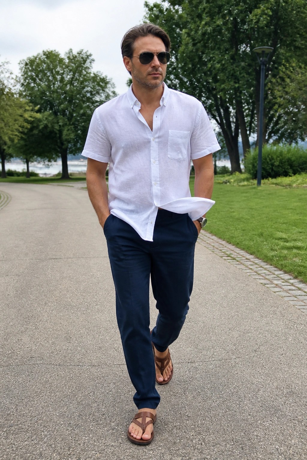 Man in white shirt and navy pants walking on park path wearing flip-flops