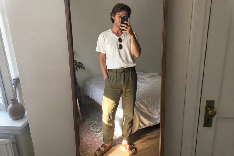 Man in white t-shirt and green pants taking mirror selfie in bedroom