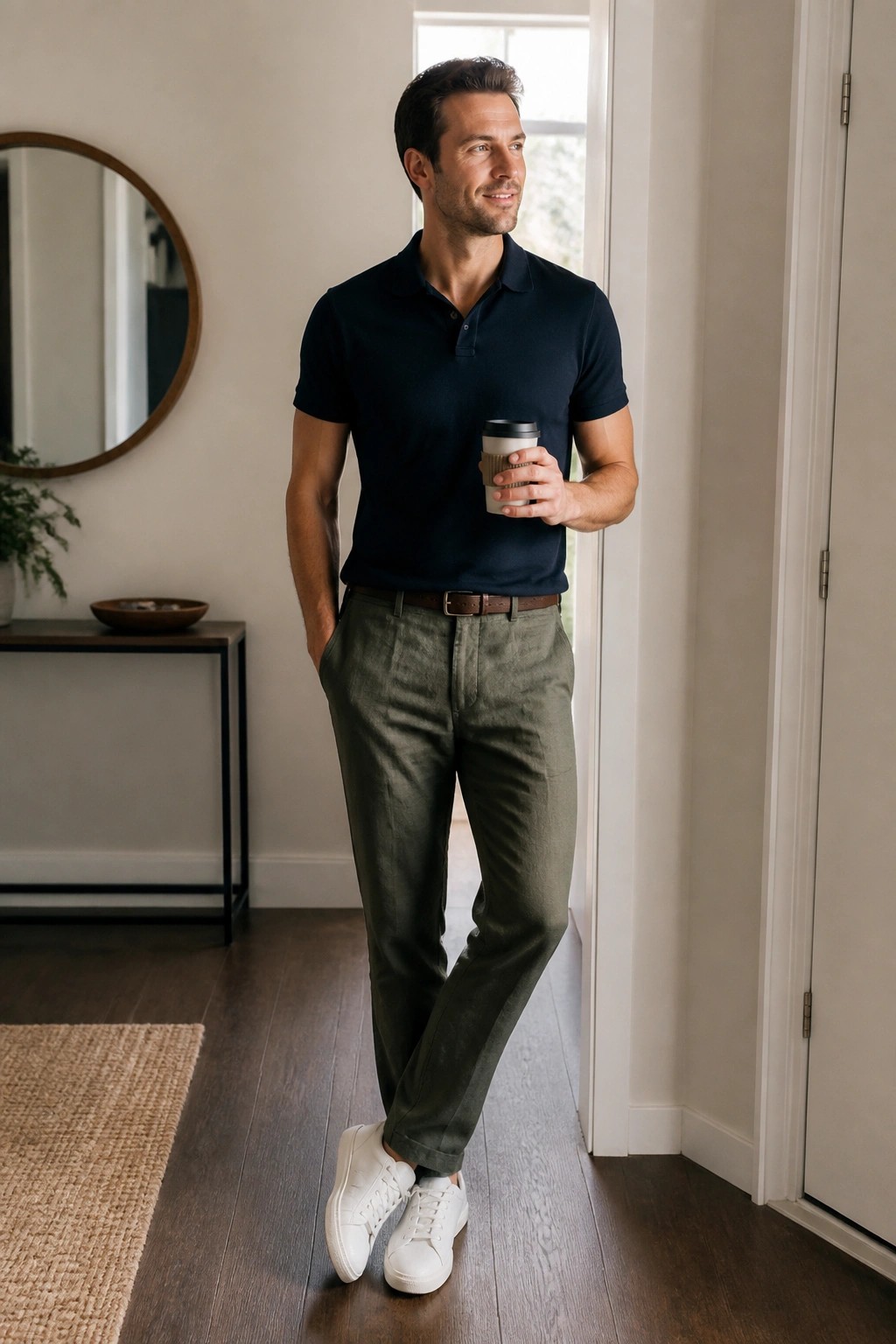 Man in navy polo shirt and green pants holding coffee in modern home.