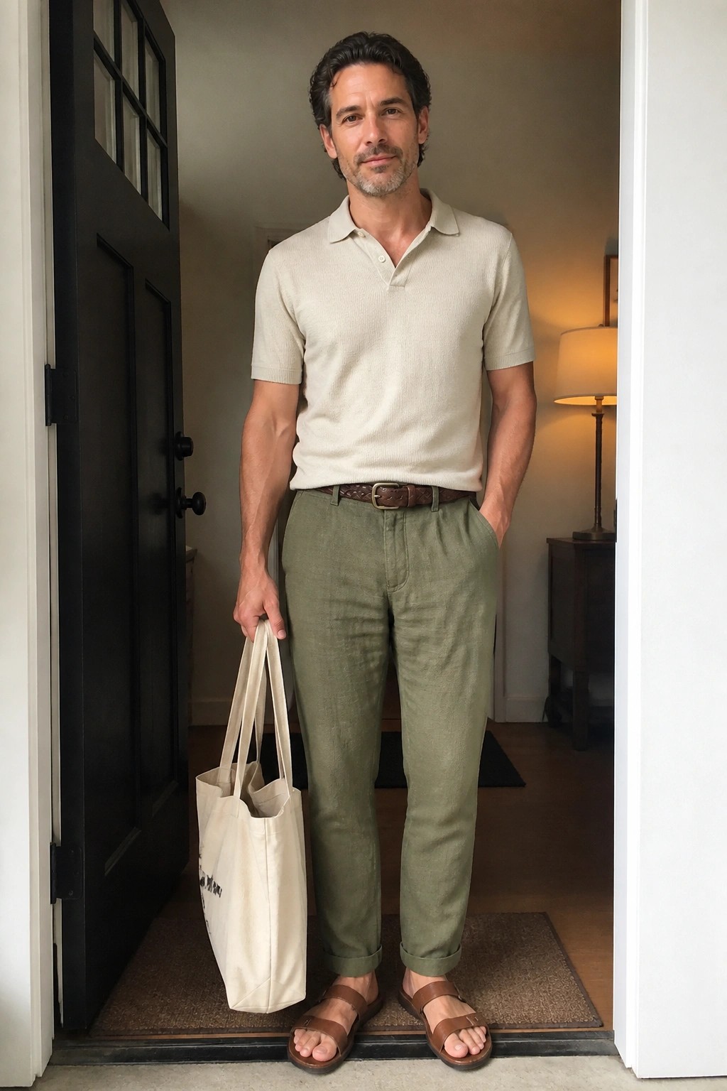 Man in beige polo and green pants holding tote bag in doorway