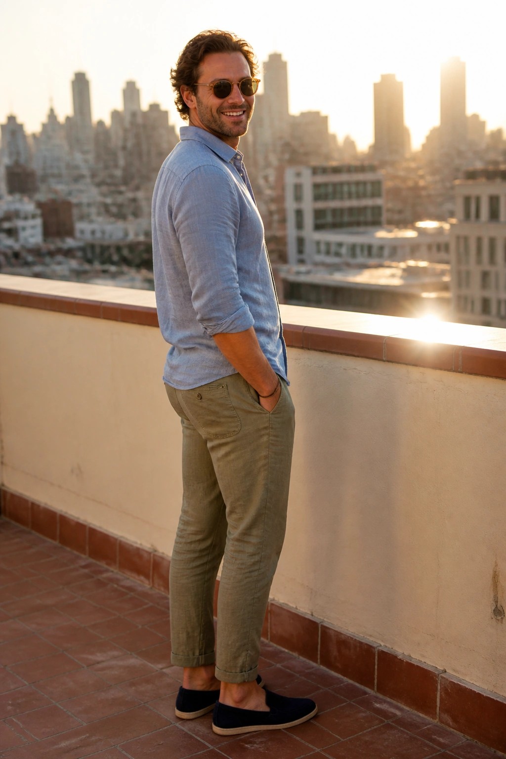 Man in blue shirt and green pants on city rooftop at sunset