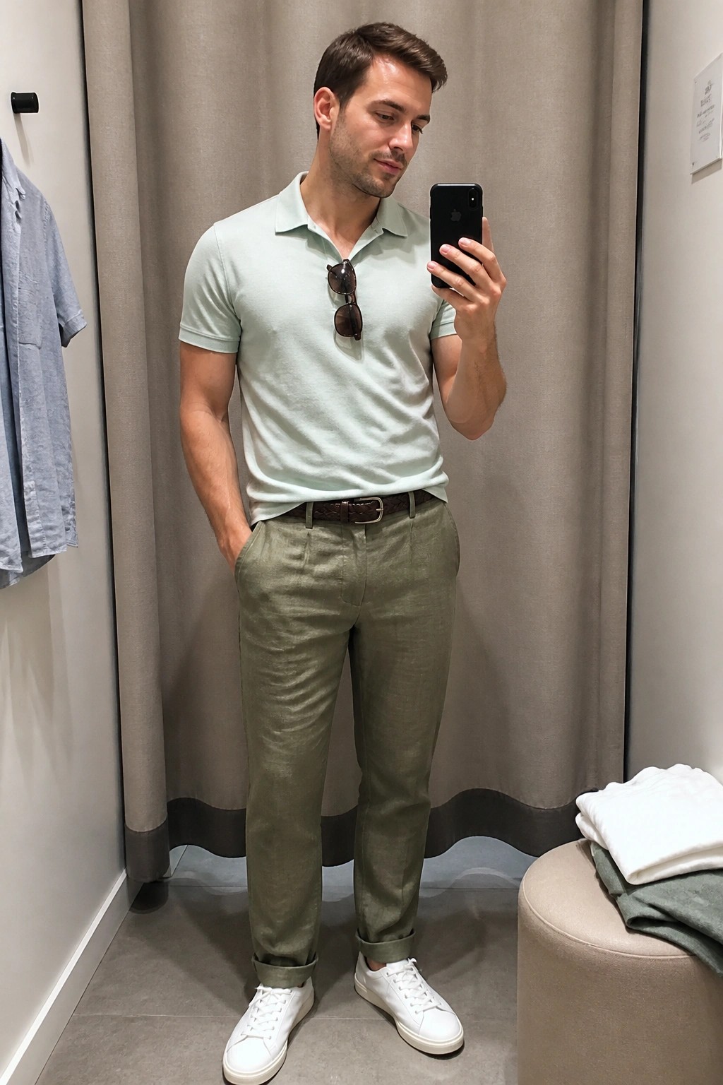 Man in mint polo and olive pants taking mirror selfie in fitting room