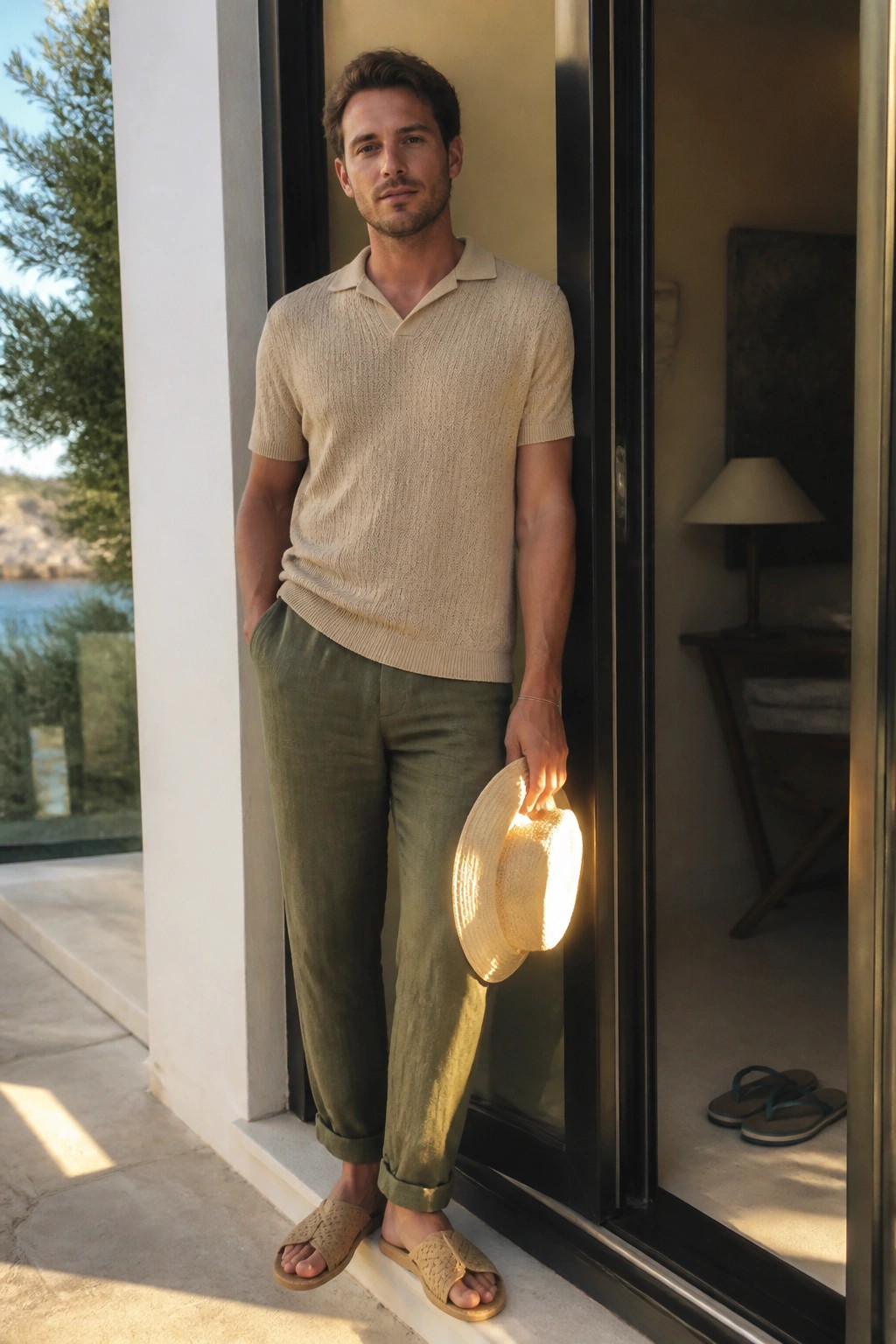 Man wearing olive green cuffed linen pants, a beige short sleeve knit polo shirt, and beige woven slide sandals while holding a straw hat.