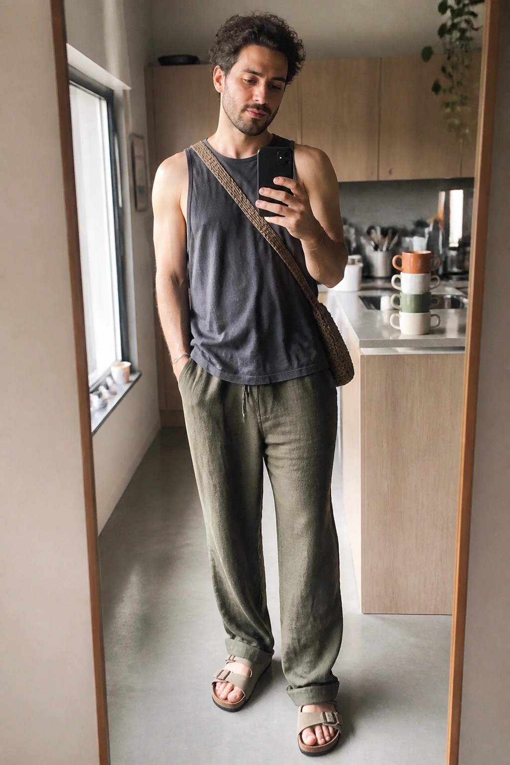 Man in gray tank top and olive pants taking mirror selfie in kitchen.