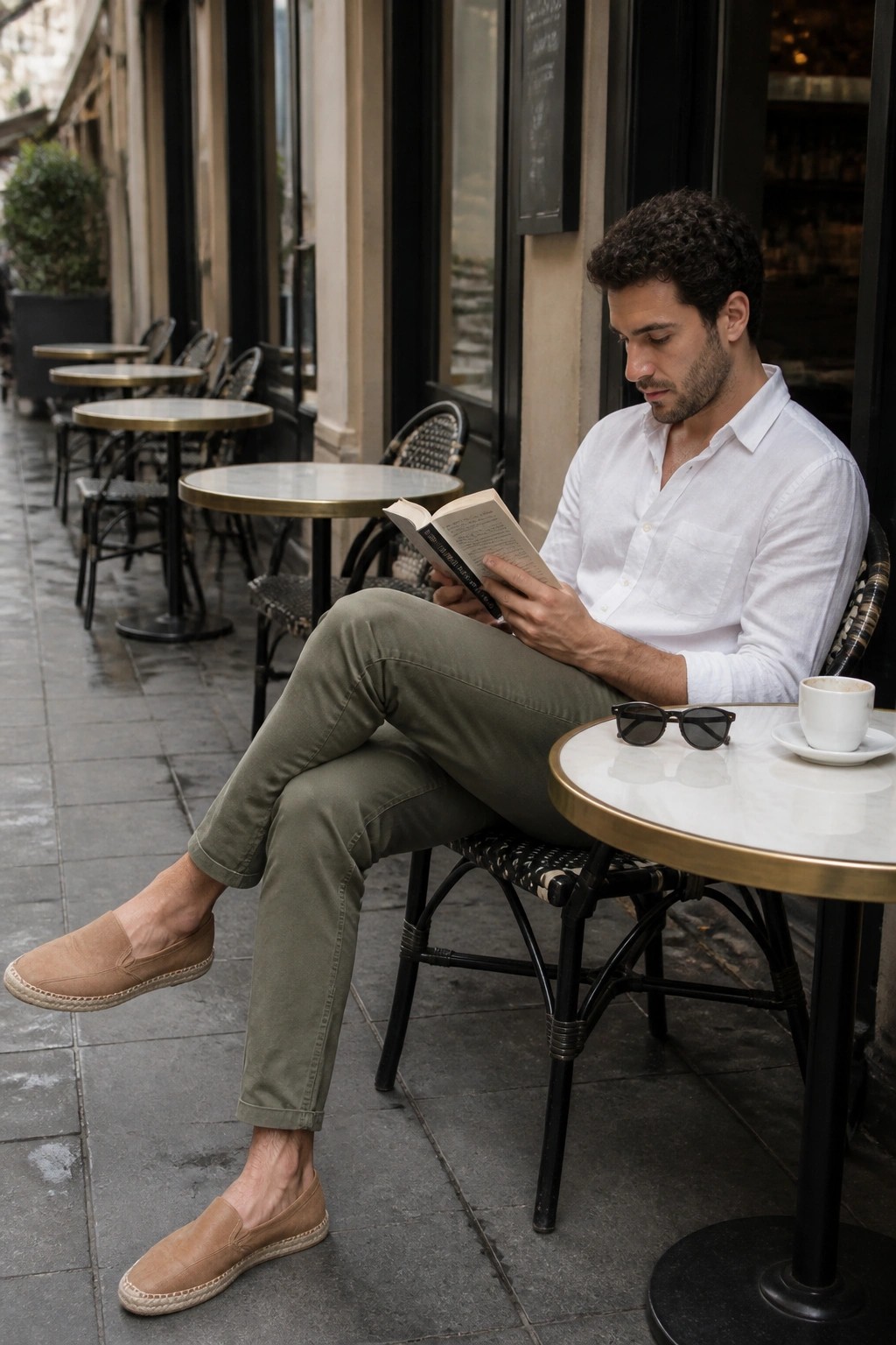 Man in white shirt and green pants reading book at outdoor cafe table